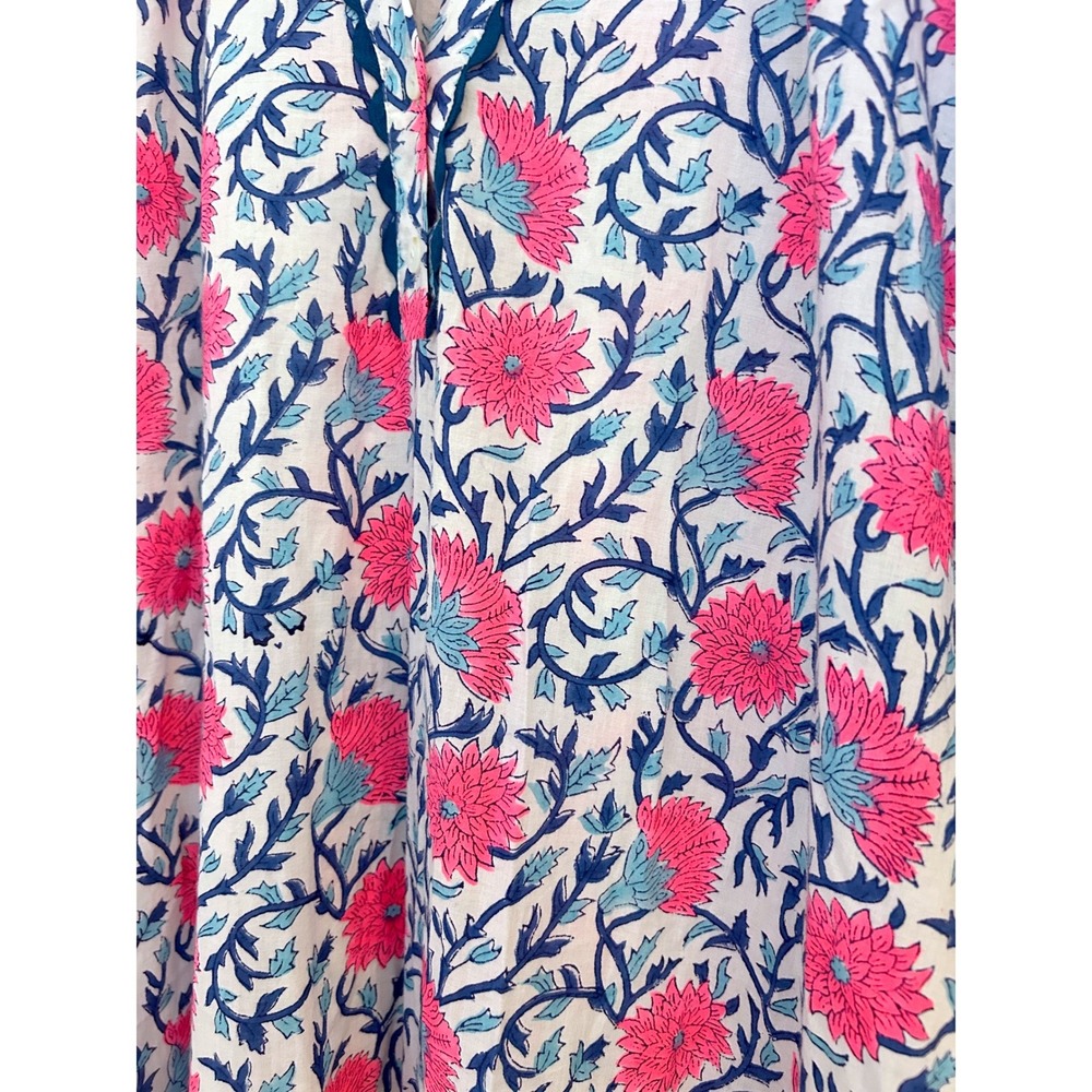 Pink City Prints Floral Block Print Cotton Midi Dress Pink‎ Blue Boho Small - Picture 6 of 9